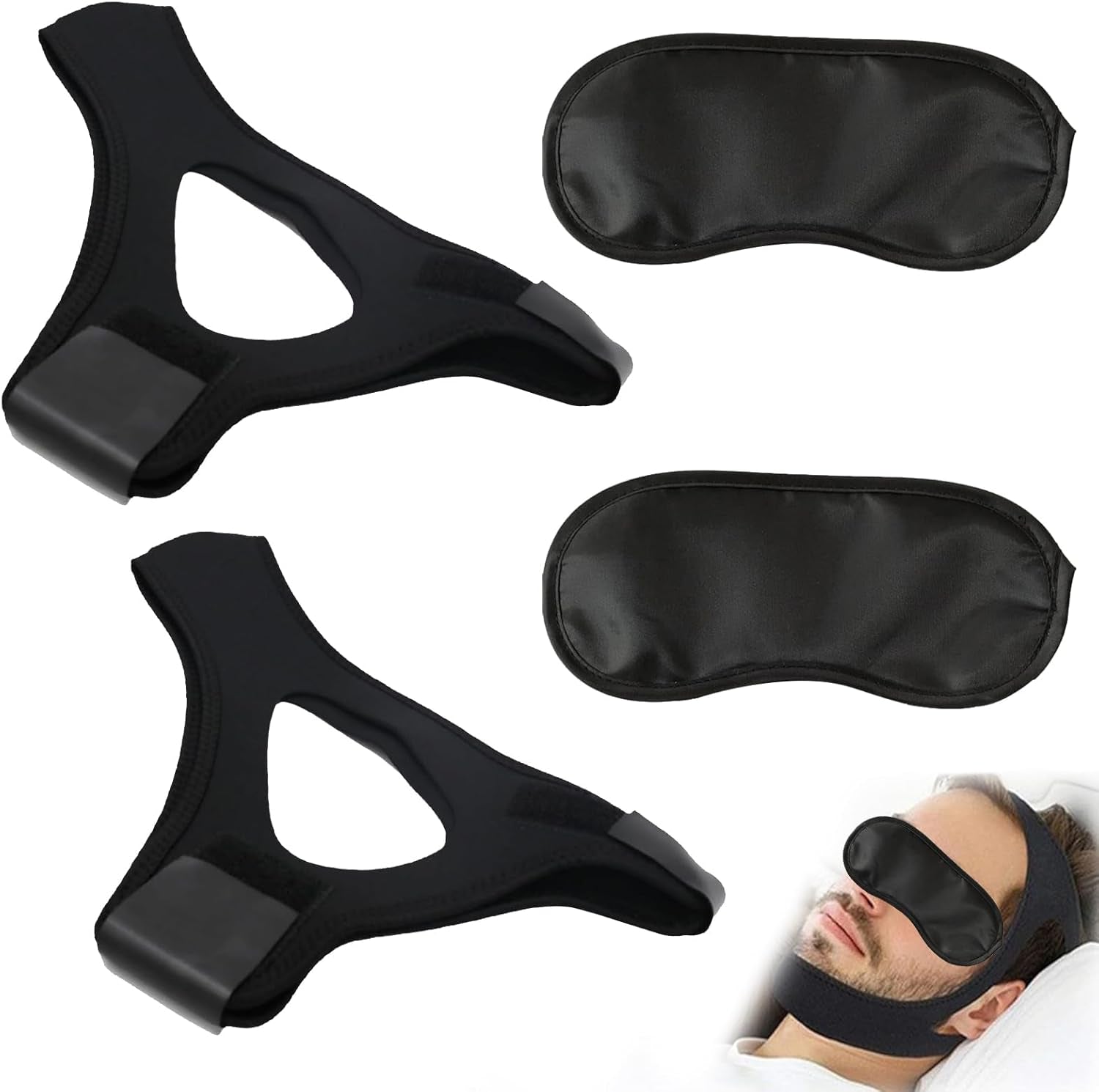 2 Stück Veralabs Airflow Jaw Strap Air Flow Jaw Strap Breathable Snoring Chin Strap Air Flow Jaw Strap for Sleep Apnea Adjustable Jaw Strap for Men and Women Mit Zwei Augenklappen(Schwarz)